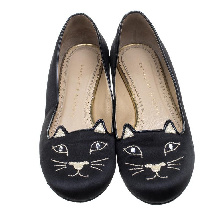 Charlotte Olympia Black Satin Kitty Ballet Flats Size 37.5 For Sale at ...