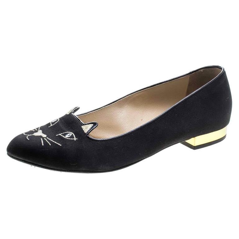 Charlotte Olympia Black Satin Kitty Ballet Flats Size 37.5