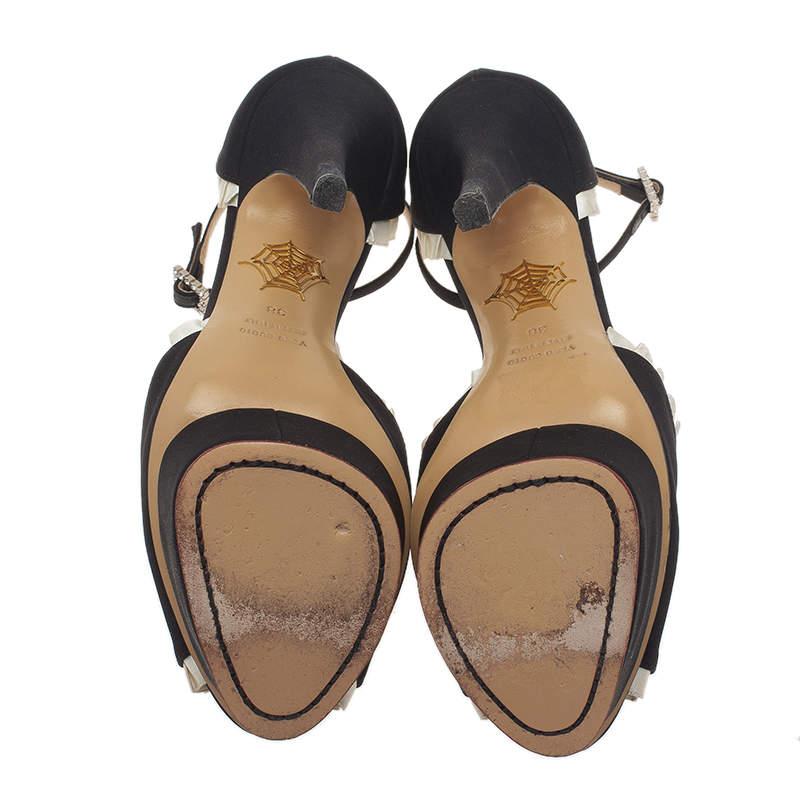 Charlotte Olympia Black Satin Masquerade Ankle Strap Platform Sandals Size 38 In Good Condition For Sale In Dubai, Al Qouz 2