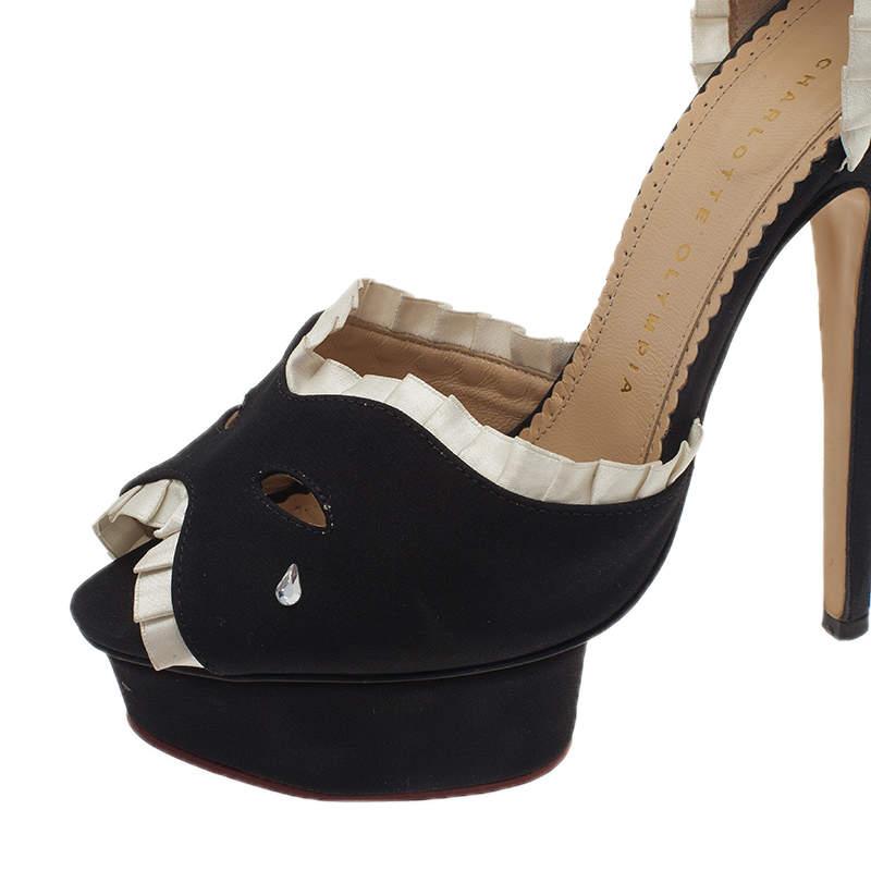 Charlotte Olympia Black Satin Masquerade Ankle Strap Platform Sandals Size 38 For Sale 1