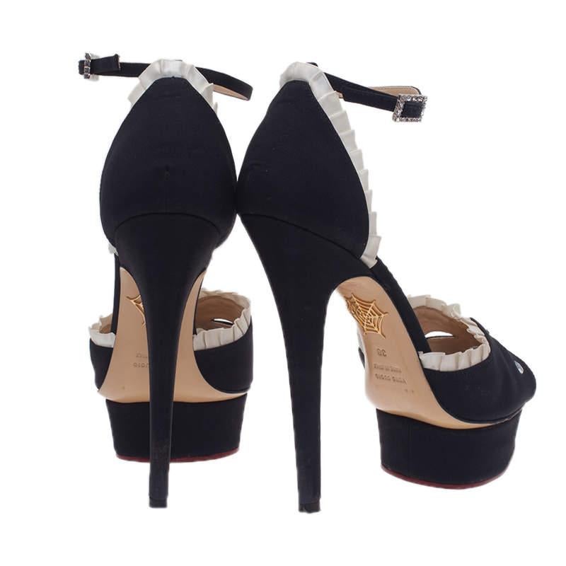 Charlotte Olympia Black Satin Masquerade Ankle Strap Platform Sandals Size 38 For Sale 4