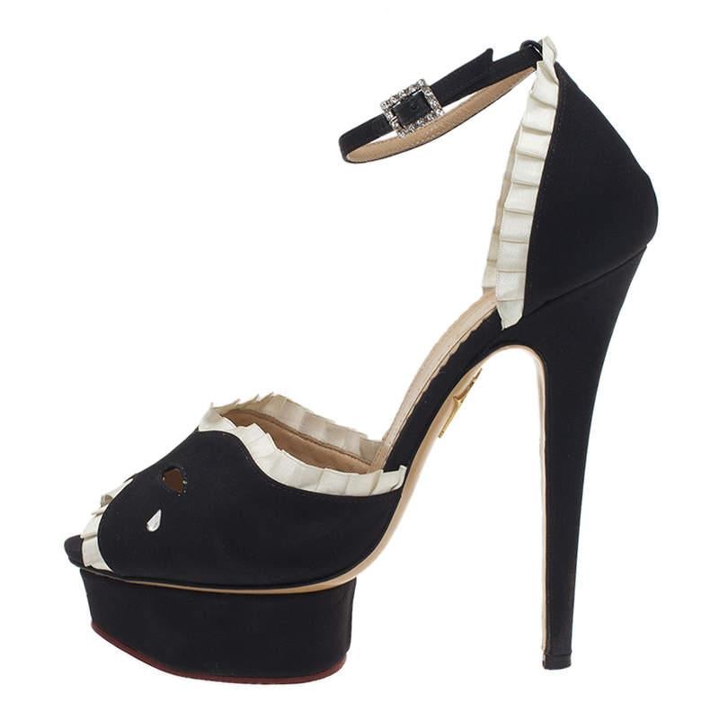Charlotte Olympia Black Satin Masquerade Ankle Strap Platform Sandals Size 38 For Sale 5