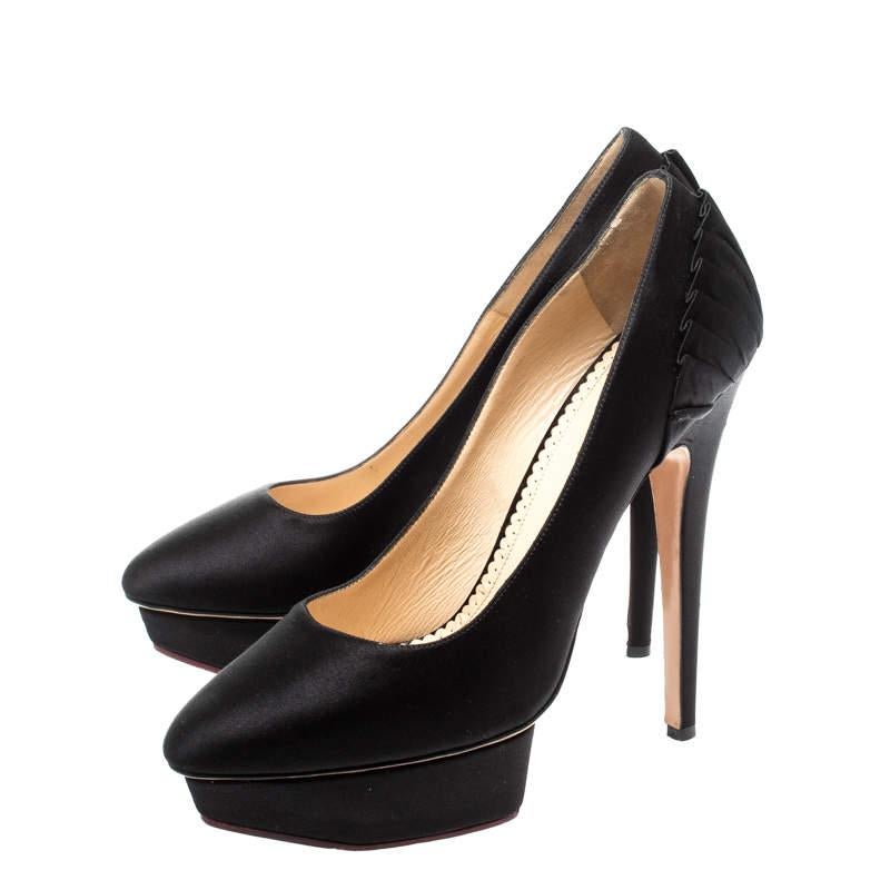 Women's Charlotte Olympia Black Satin Paloma Fan Pleat Platform Pumps Size 40