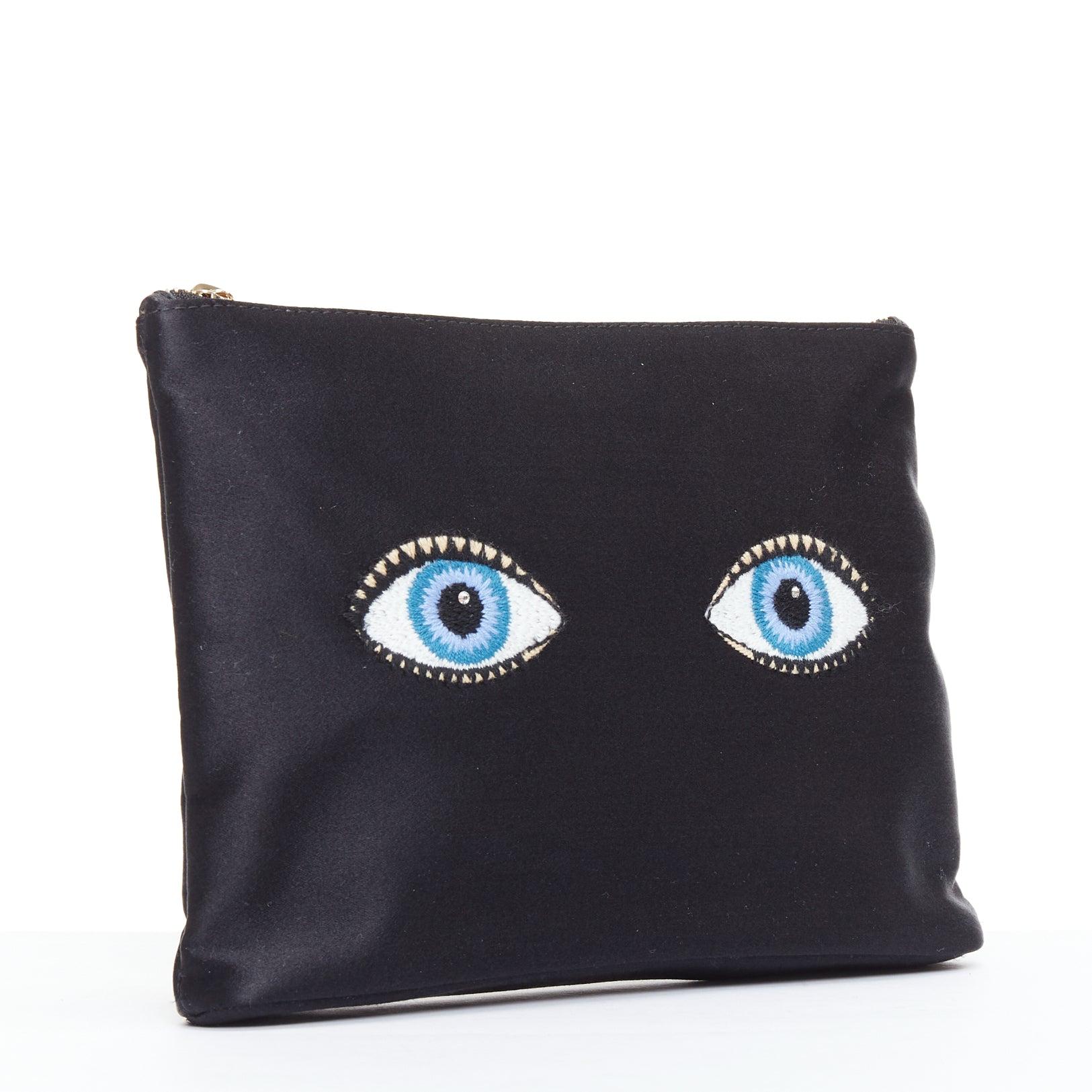 Black CHARLOTTE OLYMPIA black satin surrealist blue eye embroidery pouch bag For Sale