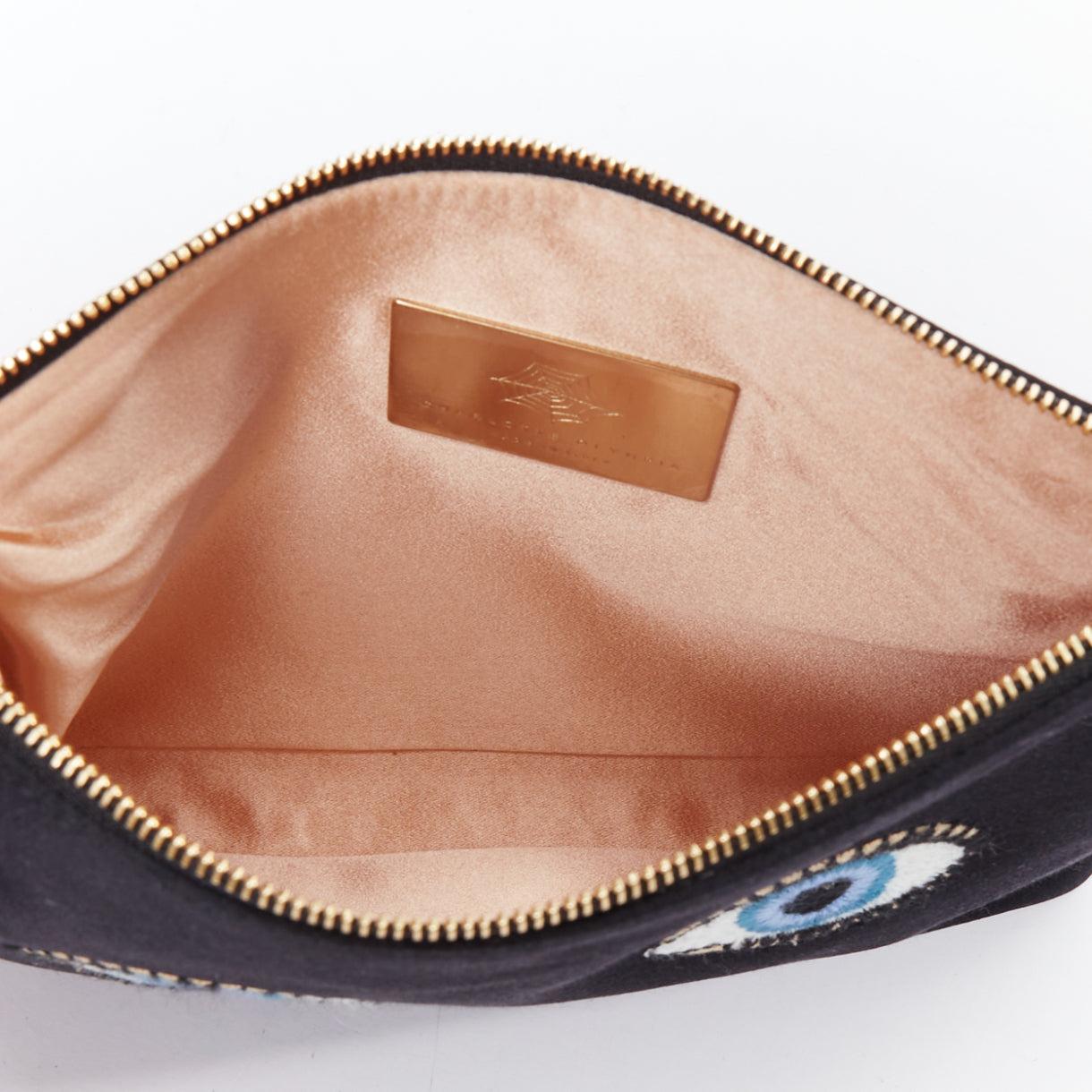 CHARLOTTE OLYMPIA black satin surrealist blue eye embroidery pouch bag For Sale 3