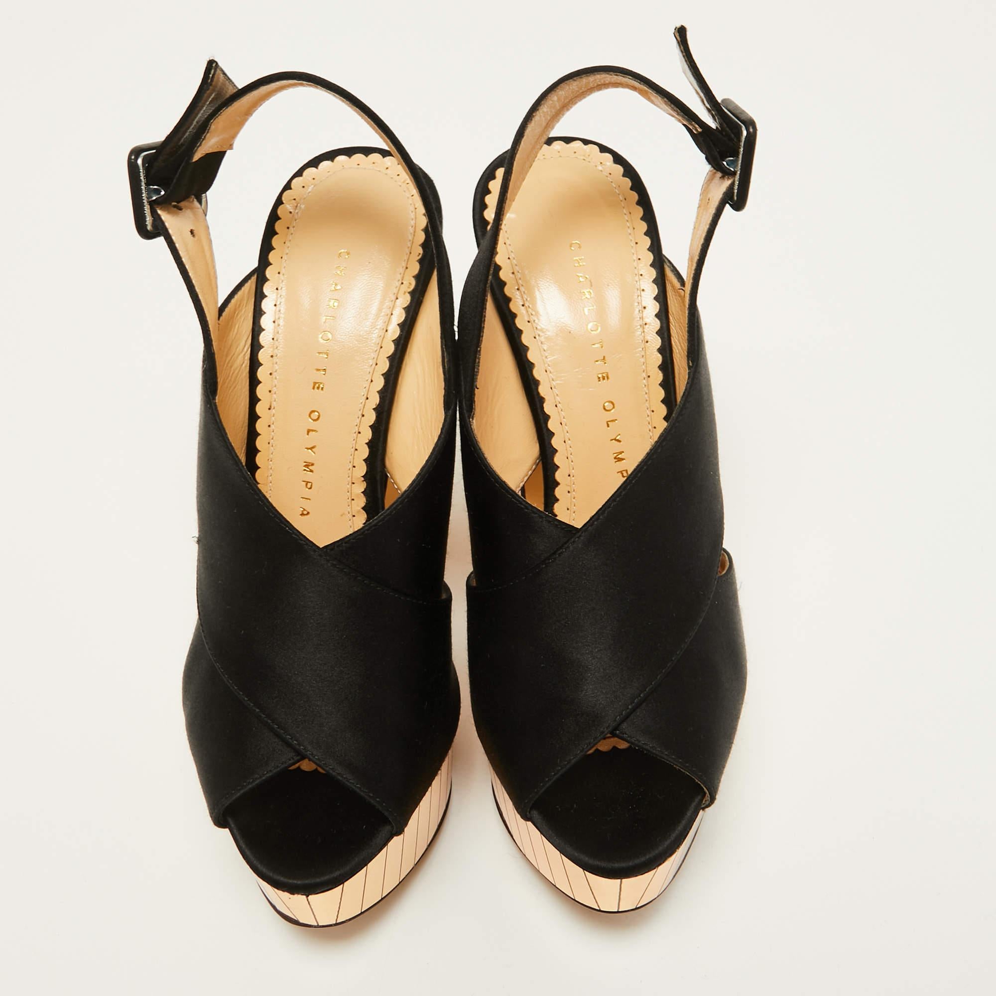 Orange Charlotte Olympia Black Satin Wedge Ankle Strap Sandals Size 36