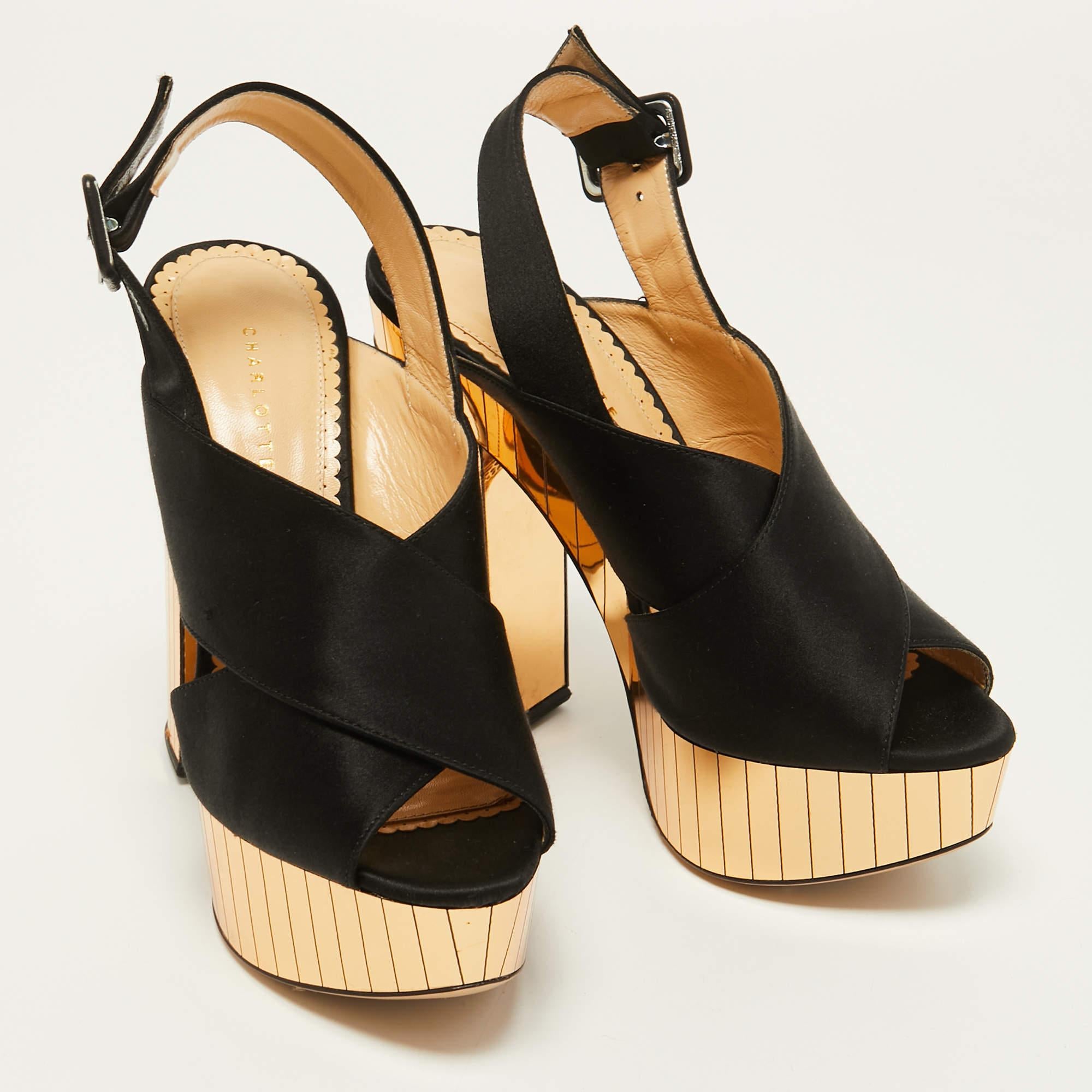 Charlotte Olympia Black Satin Wedge Ankle Strap Sandals Size 36 In Excellent Condition In Dubai, Al Qouz 2