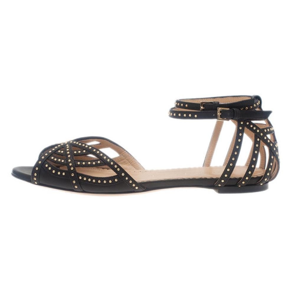 Charlotte Olympia Black Studded Leather Octavia Strappy Sandals Size 35.5 For Sale 1