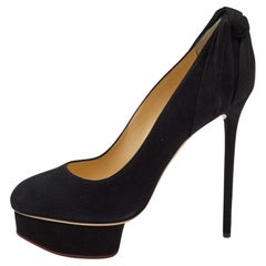 Charlotte Olympia Black Suede And Fabric Knot Detail Josephine Platform Pumps Si