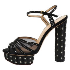Charlotte Olympia Black Suede and Mesh Cactus Crystal Ankle Strap Sandals Size40
