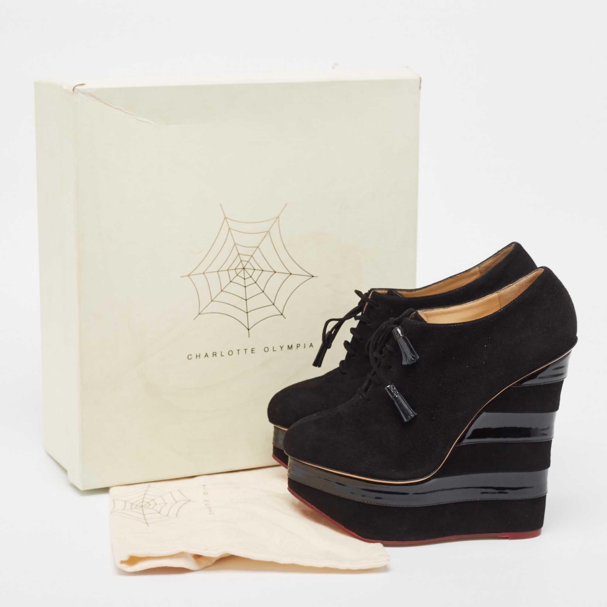 Charlotte Olympia Black Suede and Patent Leather Martha Wedge Booties Size 39.5 For Sale 6