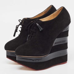 Charlotte Olympia Black Suede and Patent Leather Martha Wedge Booties Size 39.5