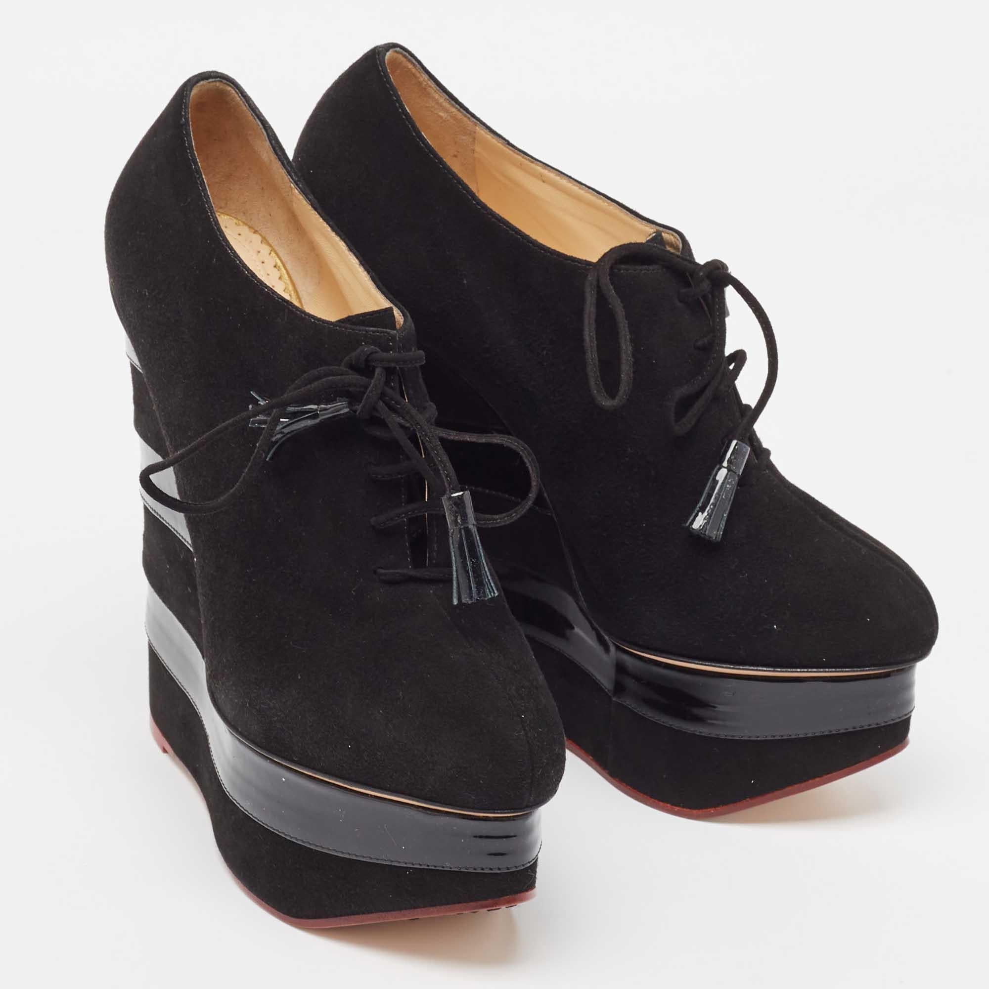 Women's Charlotte Olympia Black Suede and Patent Leather Martha Wedge Booties Size 39.5 For Sale