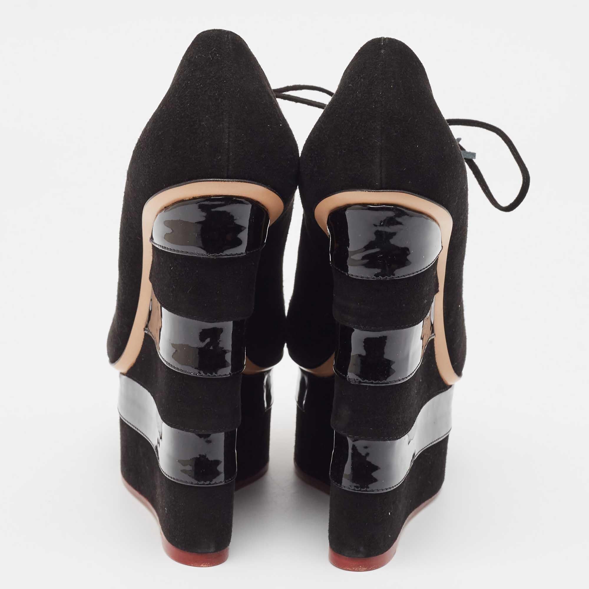 Charlotte Olympia Black Suede and Patent Leather Martha Wedge Booties Size 39.5 For Sale 1