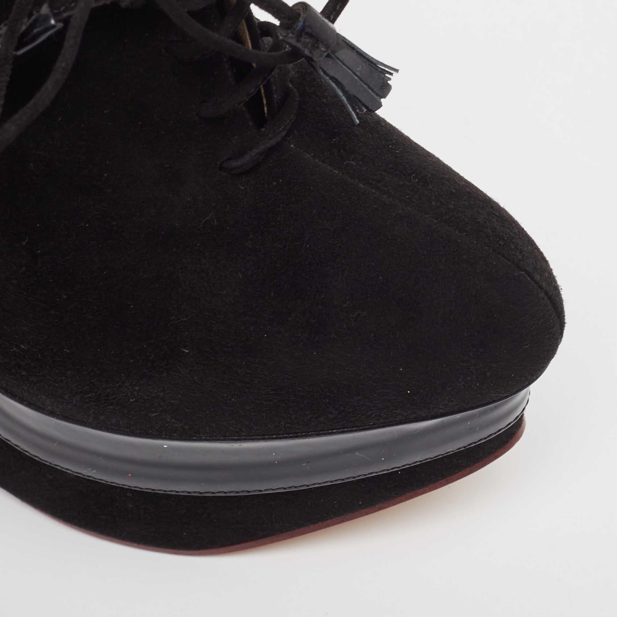 Charlotte Olympia Black Suede and Patent Leather Martha Wedge Booties Size 39.5 For Sale 3