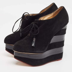 Charlotte Olympia Black Suede and Patent Leather Martha Wedge Booties Size 40