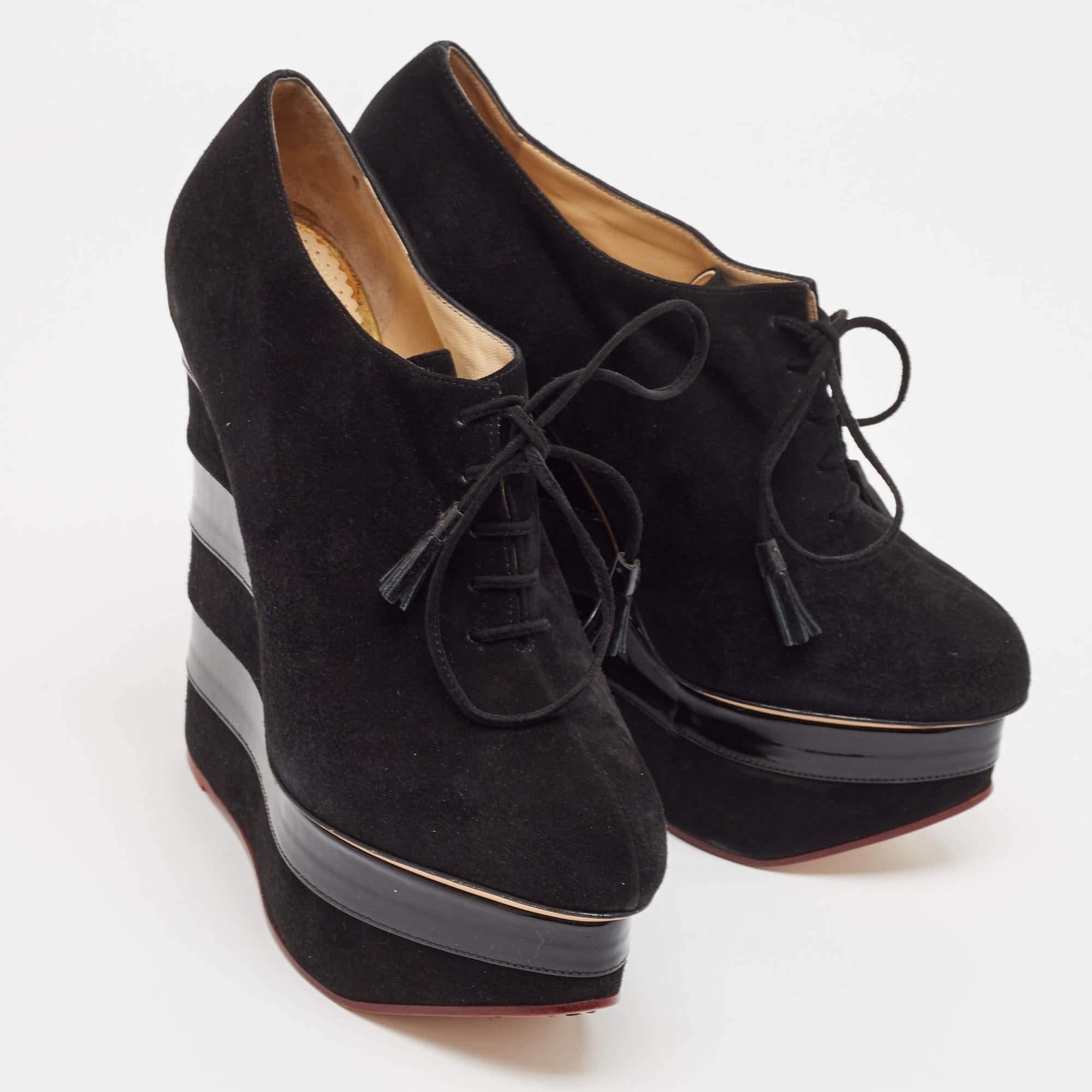 Women's Charlotte Olympia Black Suede and Patent Leather Martha Wedge Booties Size 40 For Sale