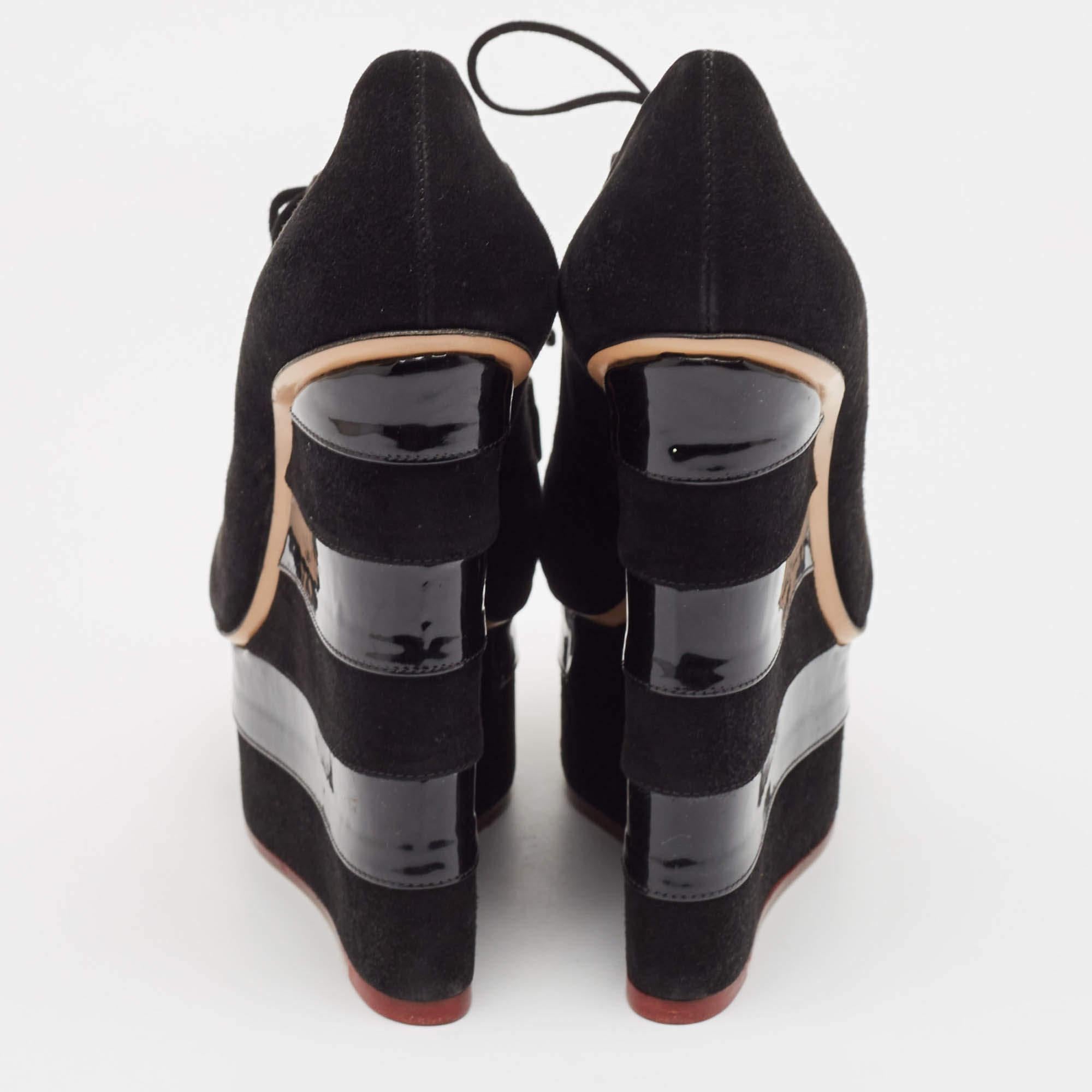 Charlotte Olympia Black Suede and Patent Leather Martha Wedge Booties Size 40 For Sale 1