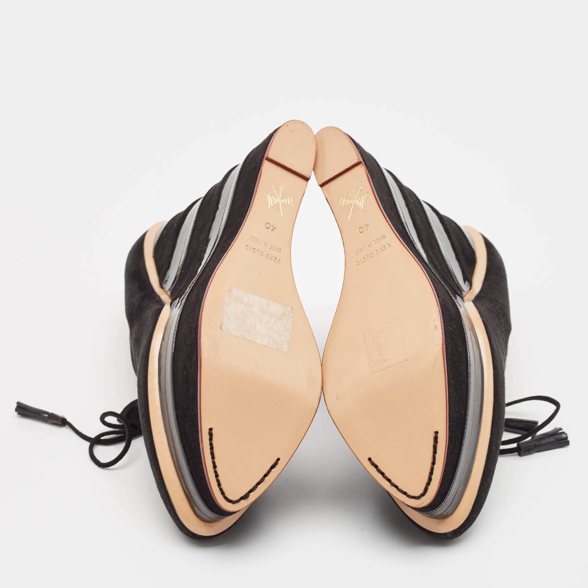 Charlotte Olympia Black Suede and Patent Leather Martha Wedge Booties Size 40 For Sale 2