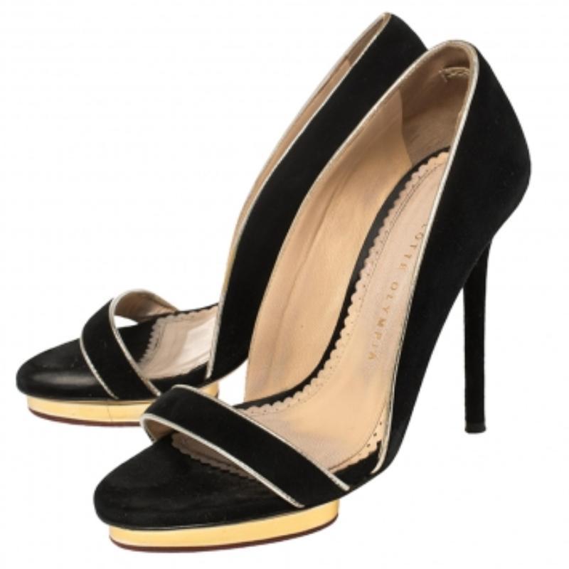The house of Charlotte Olympia brings forth this classy pair of sandals that are perfect for a stylish appearance for those evening gatherings. The lush black shade that can easily be paired with any ensemble makes sure you look like a fancy fashion