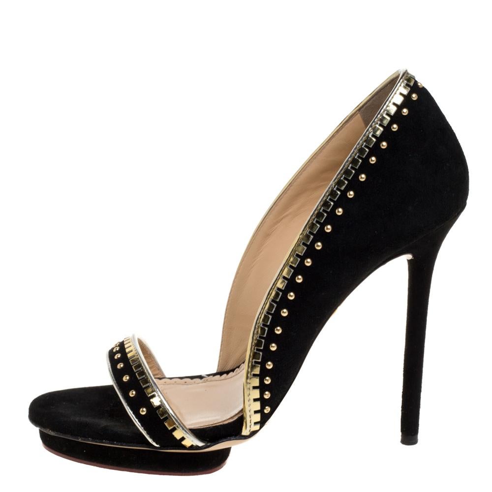 Charlotte Olympia Black Suede Christine Stud Open Toe Pumps Size 38.5 1