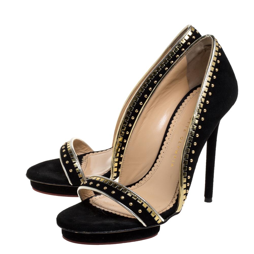 Charlotte Olympia Black Suede Christine Stud Open Toe Pumps Size 38.5 2