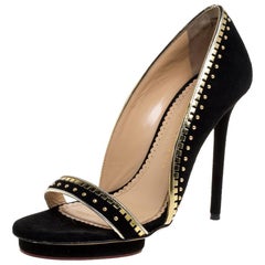 Charlotte Olympia Black Suede Christine Stud Open Toe Pumps Size 38.5