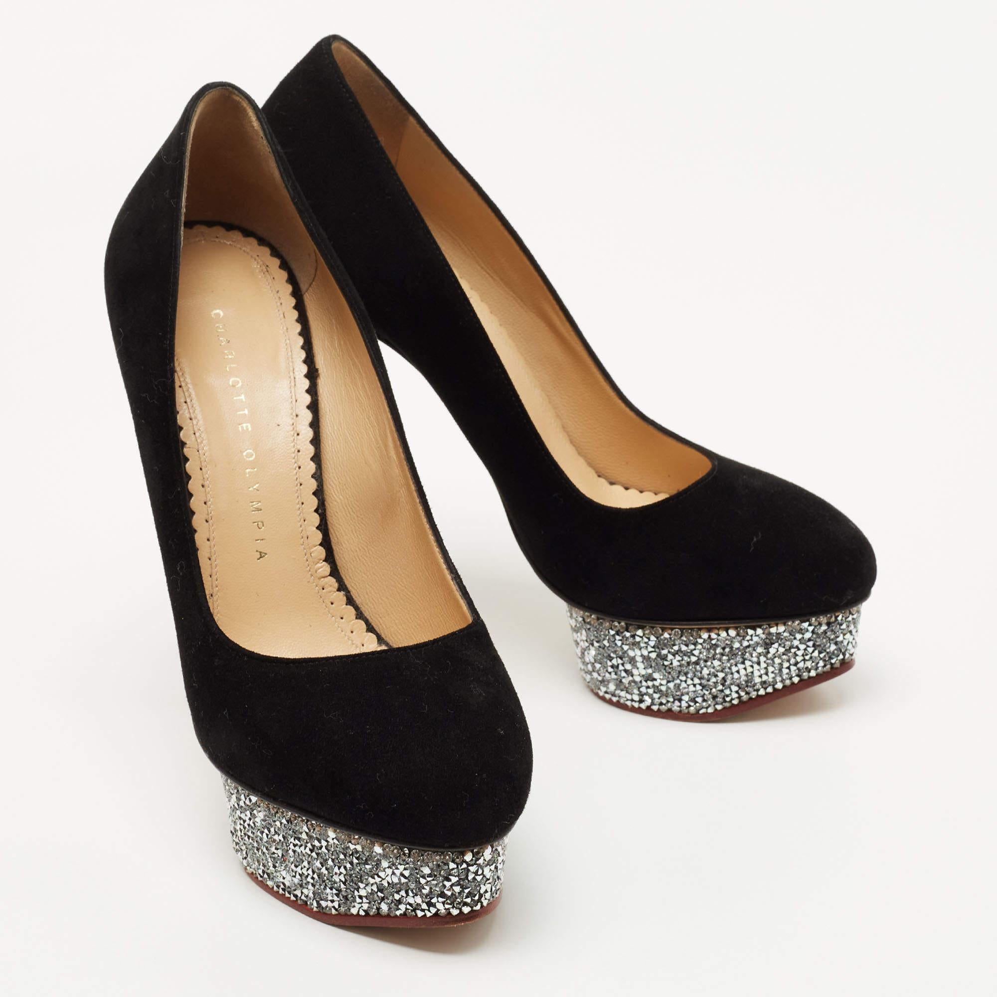 Women's Charlotte Olympia Black Suede Crystal Embellished Dolly Platform Pumps Size 37.5