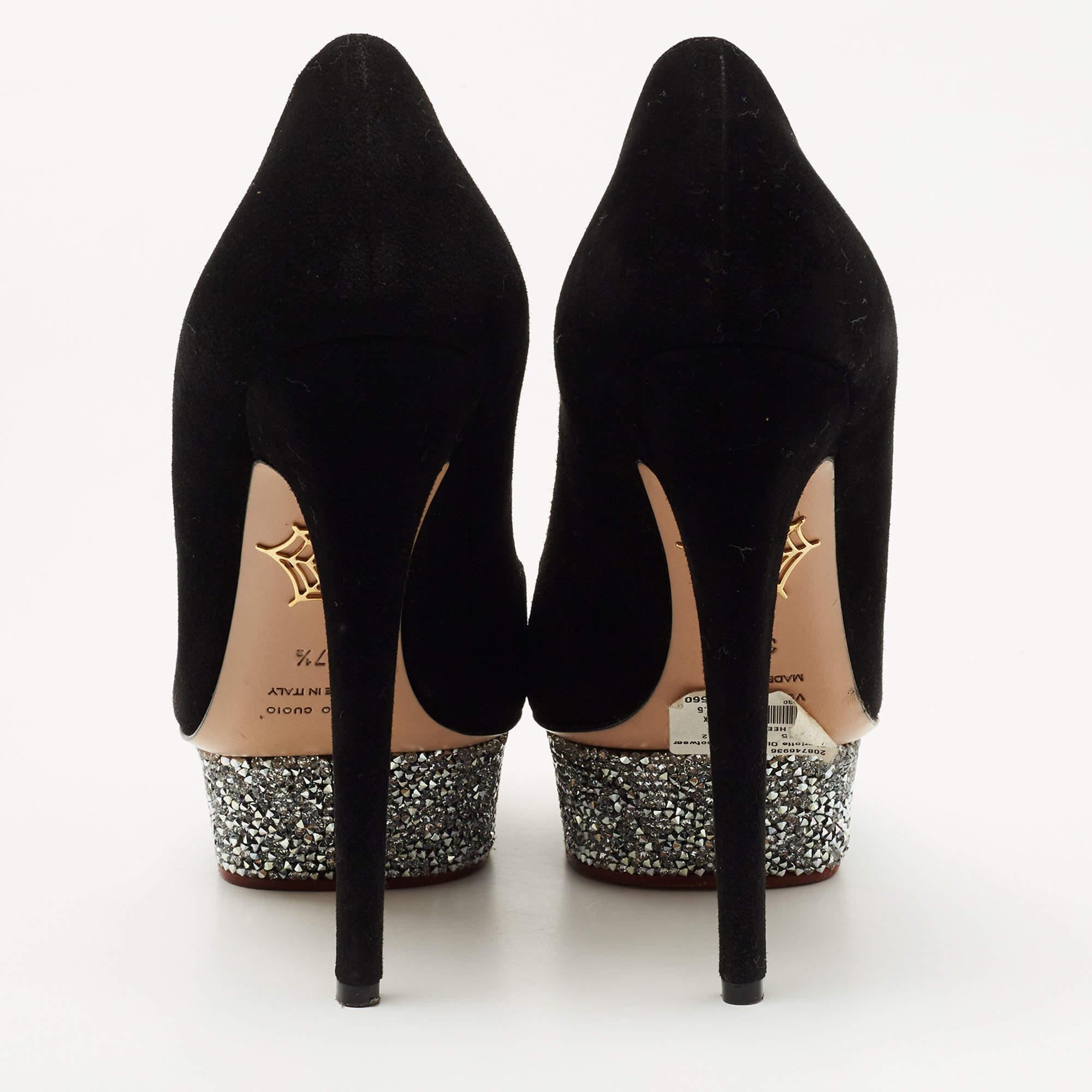 Charlotte Olympia Black Suede Crystal Embellished Dolly Platform Pumps Size 37.5 1
