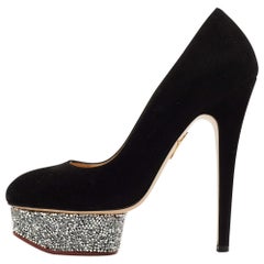 Charlotte Olympia Black Suede Crystal Embellished Dolly Platform Pumps Size 37.5