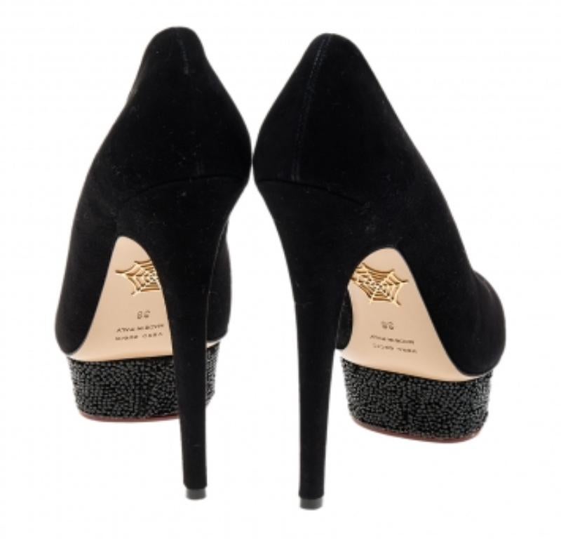 Noir Charlotte Olympia - Escarpins à plateforme Dolly en daim noir avec ornements en cristal - Taille 38 en vente