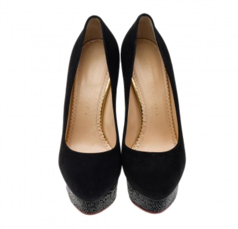 Charlotte Olympia - Escarpins à plateforme Dolly en daim noir avec ornements en cristal - Taille 38 Excellent état - En vente à Dubai, Al Qouz 2