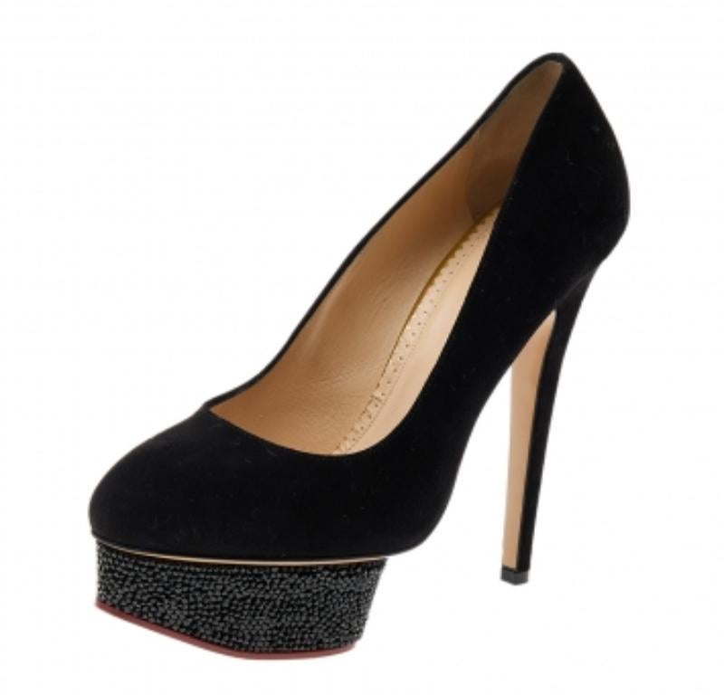 Charlotte Olympia - Escarpins à plateforme Dolly en daim noir avec ornements en cristal - Taille 38 en vente 1