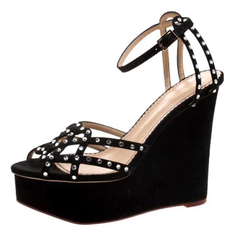 Charlotte Olympia Black Suede Crystal Embellished Wedge Sandals Size 40 ...