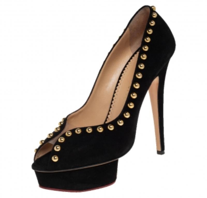 Charlotte Olympia Black Suede Daphne Studded Peep Toe Platform Pumps Size 39.5 In Good Condition For Sale In Dubai, Al Qouz 2