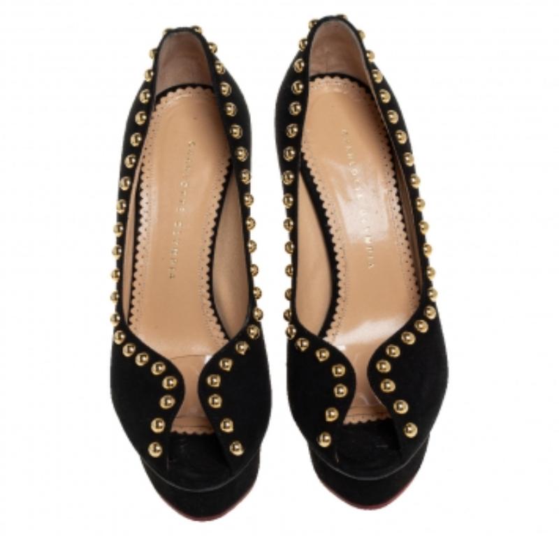 Women's Charlotte Olympia Black Suede Daphne Studded Peep Toe Platform Pumps Size 39.5 For Sale