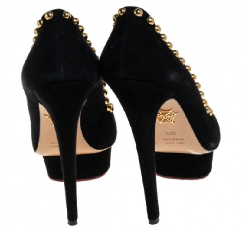 Charlotte Olympia Black Suede Daphne Studded Peep Toe Platform Pumps Size 39.5 For Sale 1