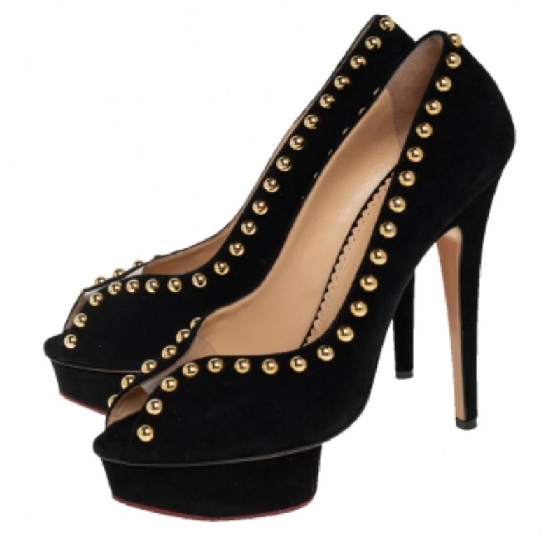 Charlotte Olympia Black Suede Daphne Studded Peep Toe Platform Pumps Size 39.5 For Sale 3