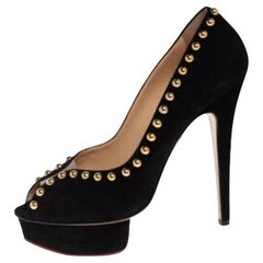 Charlotte Olympia Black Suede Daphne Studded Peep Toe Platform Pumps Size 39.5