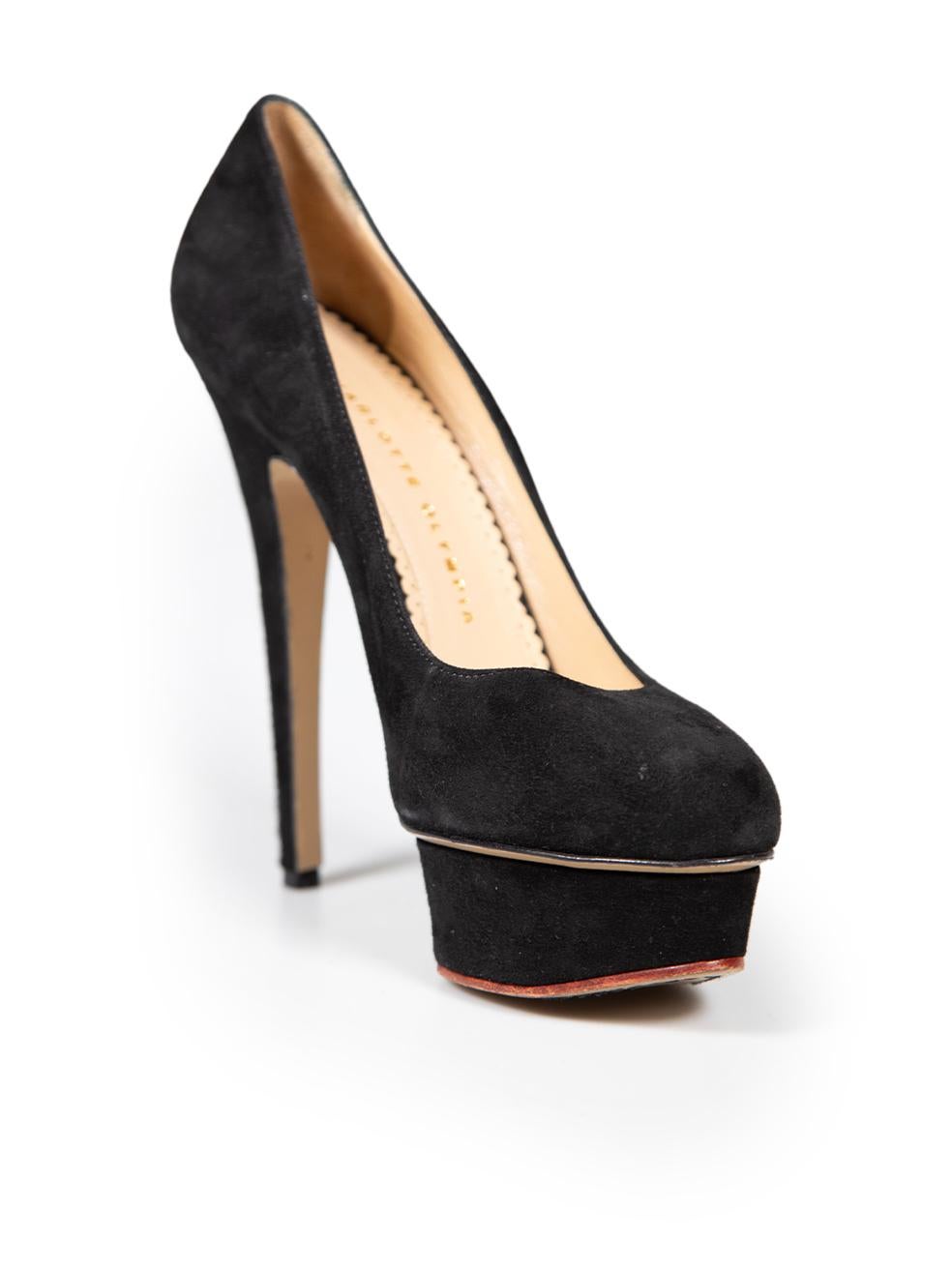 CONDITION is Very good. Minimal wear to heels is evident. Minimal wear to soles, with marks to the inside leather mid-section on both pumps on this used Charlotte Olympia designer resale item.
 
 
 
 Details
 
 
 Model: Dolly 145
 
 Black
 
 Suede
