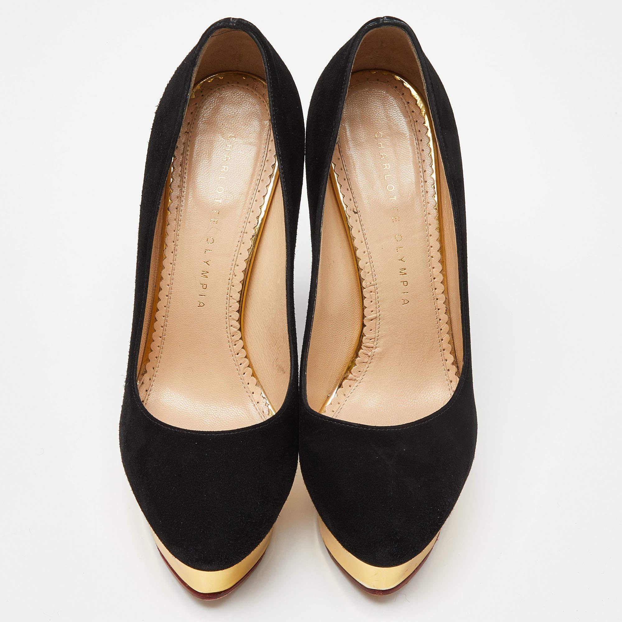 Charlotte Olympia Black Suede Dolly Platform Pumps Size 37.5 In Good Condition For Sale In Dubai, Al Qouz 2