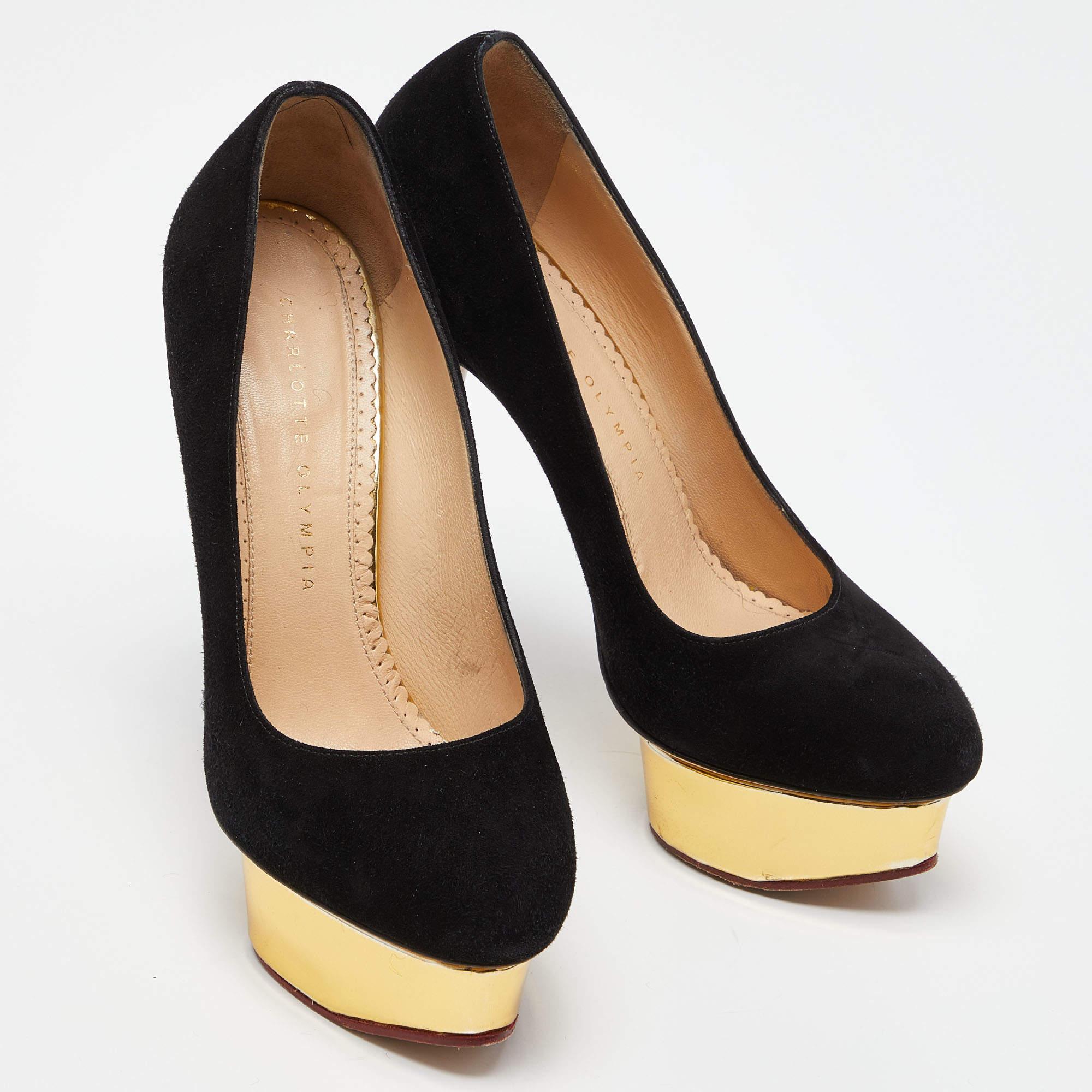 Women's Charlotte Olympia Black Suede Dolly Platform Pumps Size 37.5 For Sale