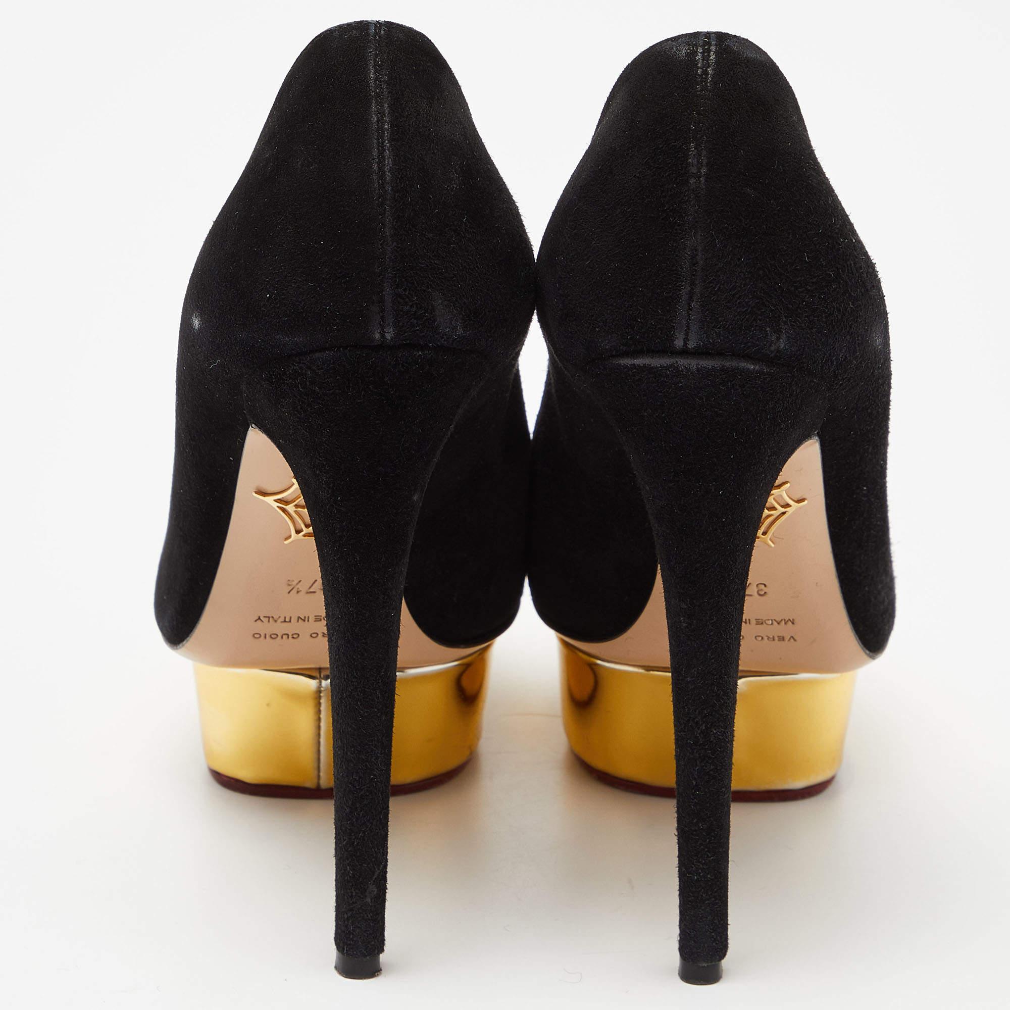 Charlotte Olympia Black Suede Dolly Platform Pumps Size 37.5 For Sale 1