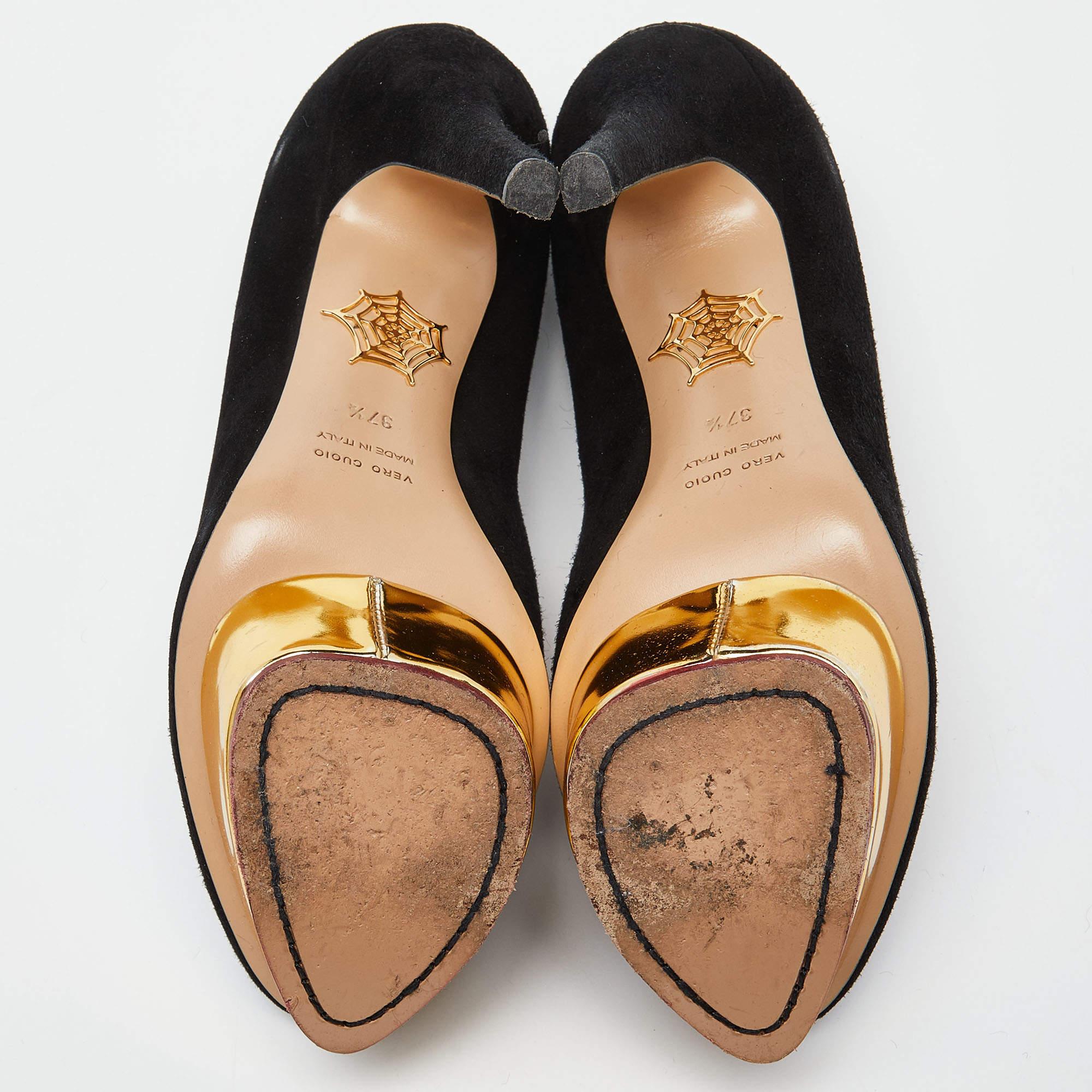 Charlotte Olympia Black Suede Dolly Platform Pumps Size 37.5 For Sale 2