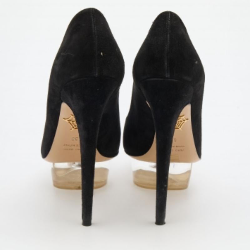 Charlotte Olympia Black Suede Dolly Platform Pumps Size 38 In Good Condition In Dubai, Al Qouz 2