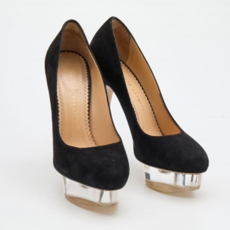 Charlotte Olympia Black Suede Dolly Platform Pumps Size 38 1