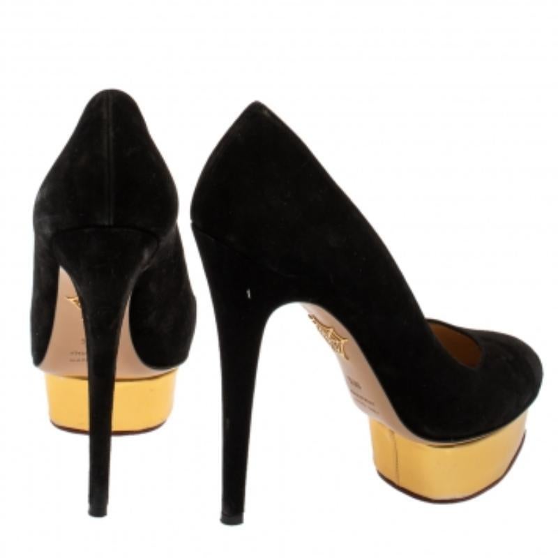 Charlotte Olympia Black Suede Dolly Platform Pumps Size 38.5 In Fair Condition For Sale In Dubai, Al Qouz 2