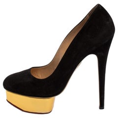 Charlotte Olympia Black Suede Dolly Platform Pumps Size 38.5