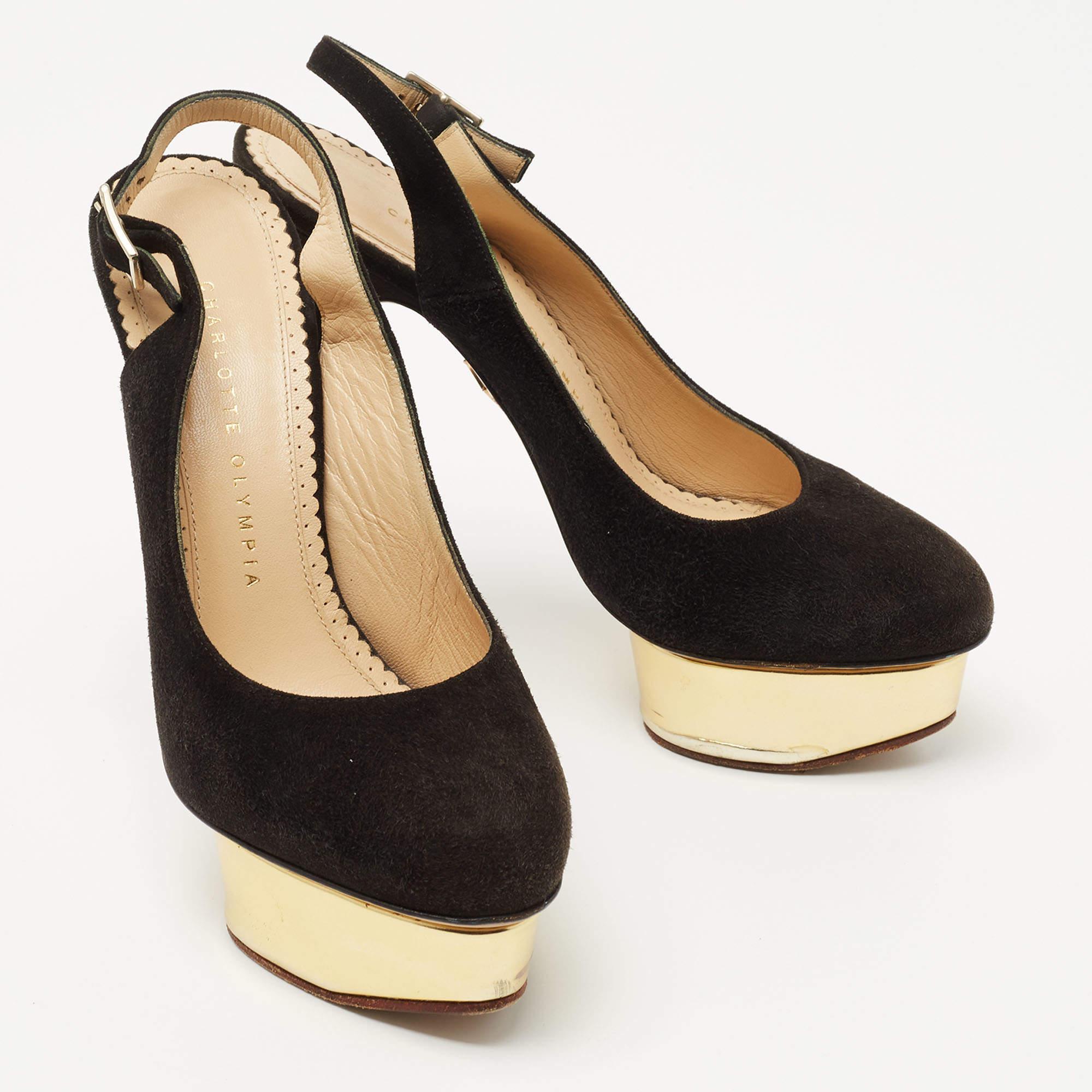 Women's Charlotte Olympia Black Suede Dolly Platform Slingback Pumps Size 37.5 For Sale