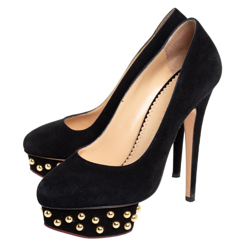 Charlotte Olympia Black Suede Dolly Studded Platform Pumps Size 37.5 In Good Condition In Dubai, Al Qouz 2